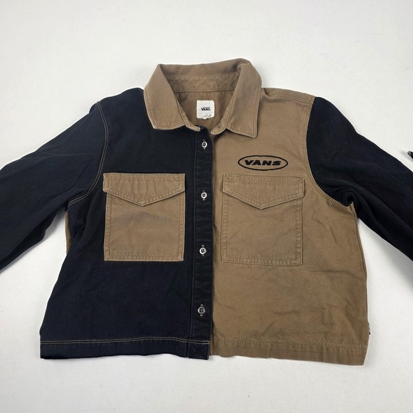 Vans Jacket Womens Small Brown Black Colorblock Twill Button Front Cropped Logo - Picture 3 of 10